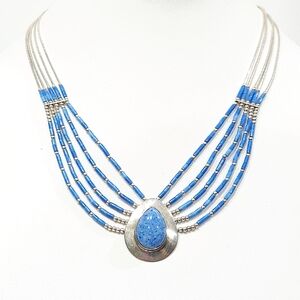 Native American C Jones Denim Lapis Blue Stone Sterling Liquid Silver Necklace